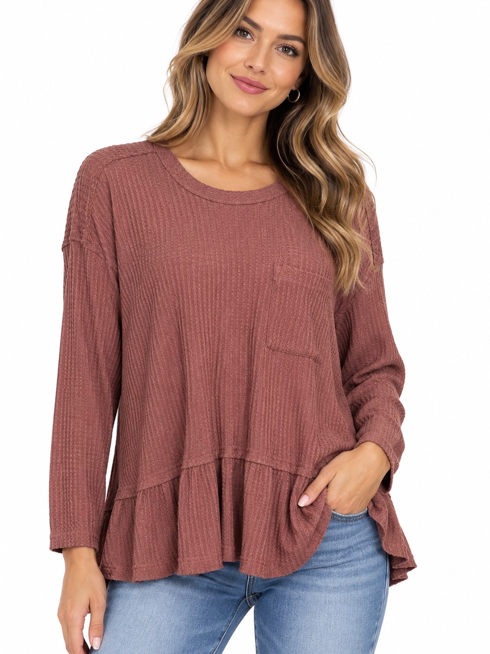 New In Waffle Knit Ruffle Hem Long Sleeve Top - Mauve Size Large Women’s